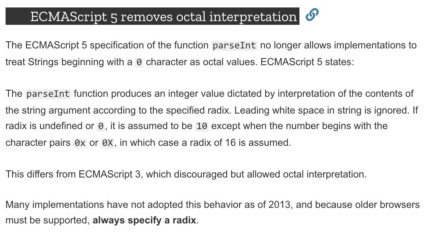 ECMAScript 5 removes octal interpretation